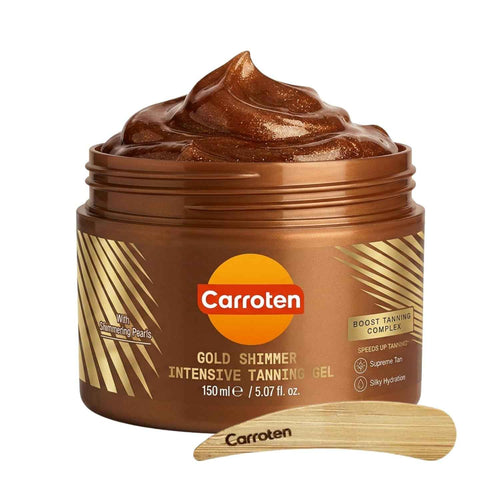 Carroten Gold Shimmer Tanning Gel | Browning Tan Accelerator | Non-Greasy, Water-Resistant with Carrot & Coconut Oil | Vitamin A & E For Moisture & Hydration | Made in Greece | 5 oz + Spatula - Punch Bazar
